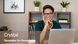  Presentation with woman office desk - Colorful slide set enhanced with specs - portrait of happy casual businesswoman backdrop and a coral colored foreground