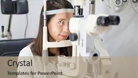  Presentation with test - Beautiful PPT theme featuring specs - woman doing eye test backdrop and a coral colored foreground