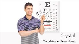  Presentation with glasses blurry eye chart - Colorful PPT layouts enhanced with specs - young guy holding glasses backdrop and a white colored foreground