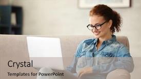  Presentation with laptop - PPT theme having specs - young woman with laptop sitting background and a mint green colored foreground