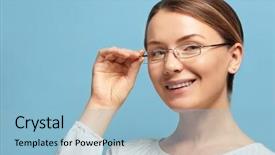  Presentation with up of a blue marble - PPT theme consisting of specs - young woman with spectacles background and a light blue colored foreground