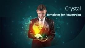  Presentation with hologram - Presentation theme consisting of spectacled businessman with global hologram concept and tablet on his hand background and a navy blue colored foreground