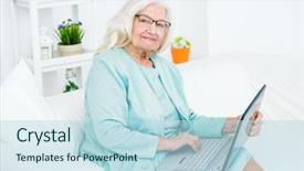  Presentation with older woman - Slide deck with spectacles care homes older - contemporary senior woman working background and a  colored foreground