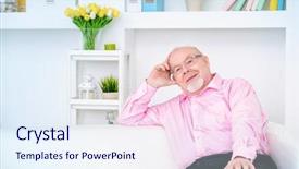  Presentation with old man - Cool new PPT theme with spectacles care homes older - happy smiling old man having backdrop and a  colored foreground