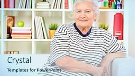  Presentation with home - Cool new presentation theme with spectacles care homes older - smiling senior woman sitting backdrop and a sky blue colored foreground