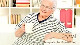  Presentation with home - Presentation theme enhanced with spectacles care homes older - smiling senior woman sitting background and a  colored foreground