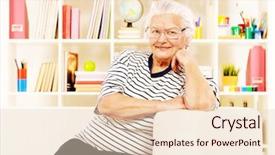 Presentation with home - Slide set enhanced with spectacles care homes older - smiling senior woman sitting background and a  colored foreground