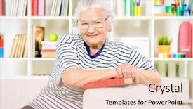  Presentation with older woman - Beautiful slide set featuring spectacles care homes older - smiling senior woman sitting backdrop and a lemonade colored foreground