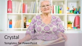  Presentation with home - Presentation consisting of spectacles care homes older - smiling senior woman sitting background and a  colored foreground