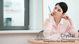  Presentation with thoughts - Beautiful slide deck featuring speculate - businesswoman sitting at desk backdrop and a coral colored foreground