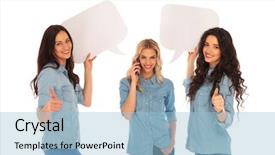  Presentation with women making - PPT layouts with speech bubbles while their firend background and a  colored foreground