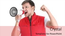  Presentation with angry miners - Presentation having speech delivery - angry man shouting into megaphone background and a red colored foreground