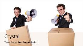  Presentation with old wite man and his music - Beautiful presentation theme featuring speech delivery - man with loudspeaker backdrop and a  colored foreground