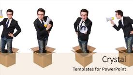  Presentation with think outside the box graphics - Cool new presentation design with speech delivery - man with loudspeaker backdrop and a  colored foreground