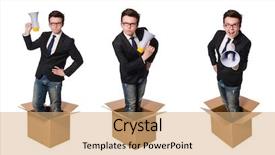  Presentation with outside the box - Beautiful PPT theme featuring speech delivery - man with loudspeaker backdrop and a  colored foreground