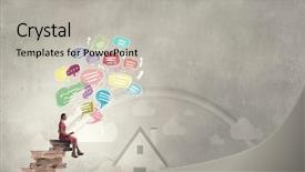  Presentation with stack books - Presentation design consisting of speech history - young girl sitting on stack background and a light gray colored foreground