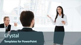  Presentation with conference table - Audience pleasing slide deck consisting of speech of woman near backdrop and a ocean colored foreground