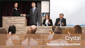  Presentation with public - Slides with speech public - business people at tribune background and a  colored foreground