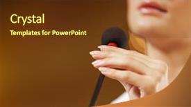  Presentation with audience - PPT theme featuring speech public - businesswoman standing on stage background and a tawny brown colored foreground