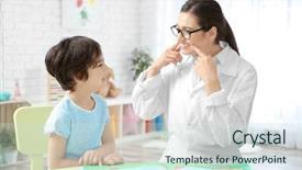  Presentation with teacher - Presentation design enhanced with speech terapist - young woman teacher and little background and a sky blue colored foreground