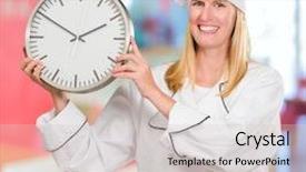  Presentation with chef - Presentation theme having speed accuracy - female chef holding clock indoor background and a light gray colored foreground