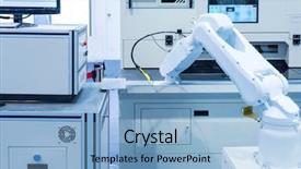  Presentation with arm robot - Presentation design enhanced with speed accuracy - industrial machine and factory robot background and a light blue colored foreground