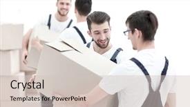  Presentation with outside the box - Audience pleasing PPT theme consisting of speed post - portrait of movers holding box backdrop and a soft green colored foreground