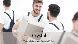  Presentation with think outside the box graphics - Presentation theme consisting of speed post - portrait of movers holding box background and a soft green colored foreground