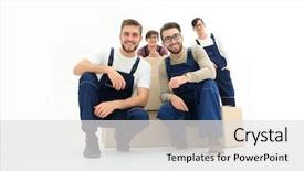  Presentation with virile young men - Audience pleasing slide set consisting of speed post - smiling young delivery men holding backdrop and a light gray colored foreground