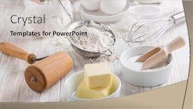  Presentation with baking utensils - Theme having spelt-flour-sugar-with-baking background and a light gray colored foreground