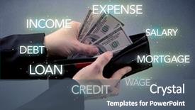  Presentation with dollar - Colorful slide set enhanced with wages spending - businessman's hand takes out dollar backdrop and a ocean colored foreground