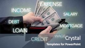  Presentation with hand cute dolls and toy - Audience pleasing presentation design consisting of wages spending - businessman's hand takes out dollar backdrop and a ocean colored foreground