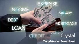  Presentation with hand cute dolls and toy - Slides featuring wages spending - businessman's hand takes out dollar background and a ocean colored foreground