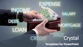  Presentation with schools out - Slides enhanced with wages spending - businessman's hand takes out euro background and a ocean colored foreground