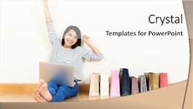  Presentation with money online - Presentation theme consisting of spending money - asia woman excited about shopping background and a cream colored foreground