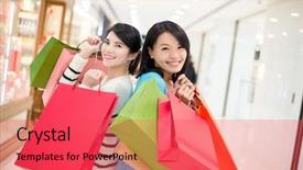  Presentation with online shopping store - PPT theme having spending money - two women shopping in department background and a red colored foreground