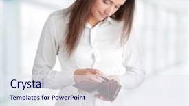  Presentation with empty - PPT theme enhanced with spending money - young caucasian woman with empty background and a sky blue colored foreground