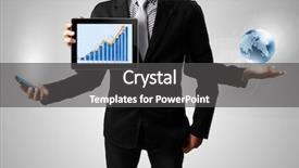  Presentation with hands holding black tablet - Slides enhanced with information concept text data access on black chalkboard on grunge wall background background and a gray colored foreground