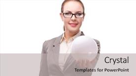  Presentation with woman - PPT theme having sphere financial - woman holding crystall ball isolated background and a light gray colored foreground