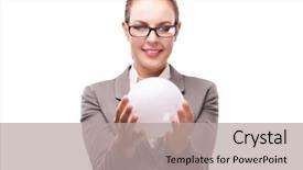  Presentation with magic crystal ball - Slides consisting of sphere financial - woman holding crystall ball isolated background and a light gray colored foreground