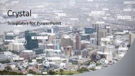  Presentation with words - Amazing PPT layouts having sphere of icons and words against view of crowded cityscape aerial view of crowded cityscape backdrop and a light gray colored foreground