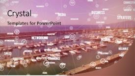  Presentation with words - Slide deck consisting of sphere of icons and words against high angle view of boats moored background and a soft green colored foreground