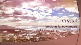  Presentation with words - Slides having sphere of icons and words against landscape of city and cloudy sky background and a lemonade colored foreground