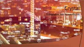  Presentation with city buildings - PPT layouts consisting of sphere of icons and words against illuminated buildings in city background and a red colored foreground