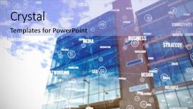  Presentation with words - Beautiful slide deck featuring sphere of icons and words against low angle view of office building backdrop and a light blue colored foreground