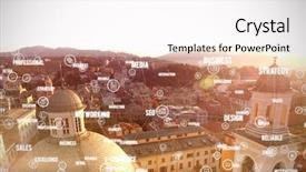  Presentation with beautiful houses - PPT theme enhanced with sphere of icons and words background and a white colored foreground
