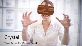  Presentation with skills - Amazing presentation theme having sphere of skills against businesswoman holding virtual glasses backdrop and a soft green colored foreground