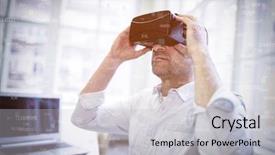  Presentation with skills - Audience pleasing theme consisting of sphere of skills and icons against businessman holding virtual glasses backdrop and a light gray colored foreground