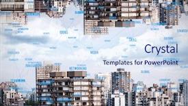  Presentation with city buildings - PPT theme featuring sphere of words against trees background and a sky blue colored foreground