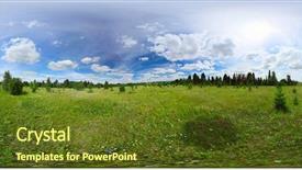  Presentation with summer trees - Presentation featuring equidistant 360 degrees panorama of a green meadow with trees and blue summer cloudy sky background and a tawny brown colored foreground